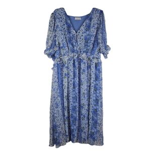 Lauren Conrad Dress Babydoll Midi Chiffon Empire Blue Floral V Neck Womens 2x